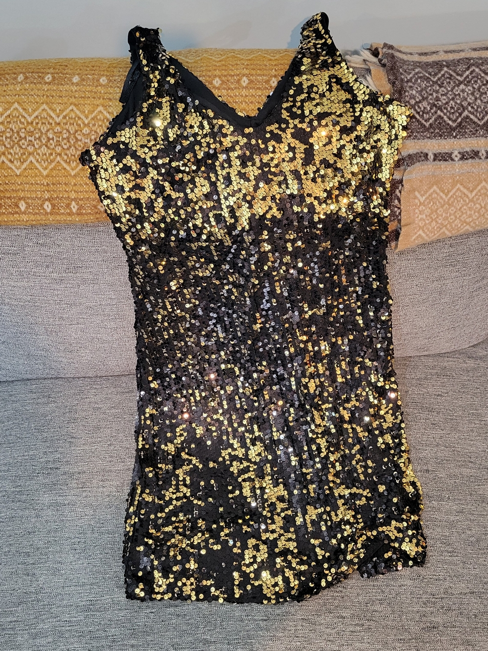 Black & Gold Sequin V-Neck Women's Dress
